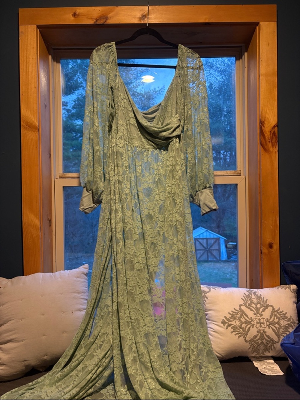 Off-Shoulder Sage Maternity Double Split Lace Maxi Gown for Photoshoot